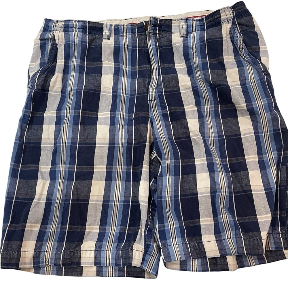 Blue and White Flat Front Plaid Shorts